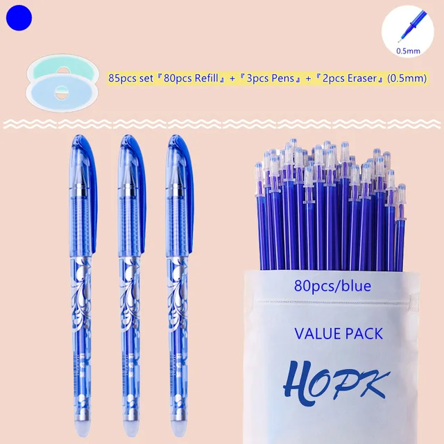 85Pcs/Set Blue Black Ink Gel Pen 0.5mm Erasable Refill Rod Erasable Pen Washable Handle School Writing Kawaii Stationery Gel Pen 0.5mm Blue set A