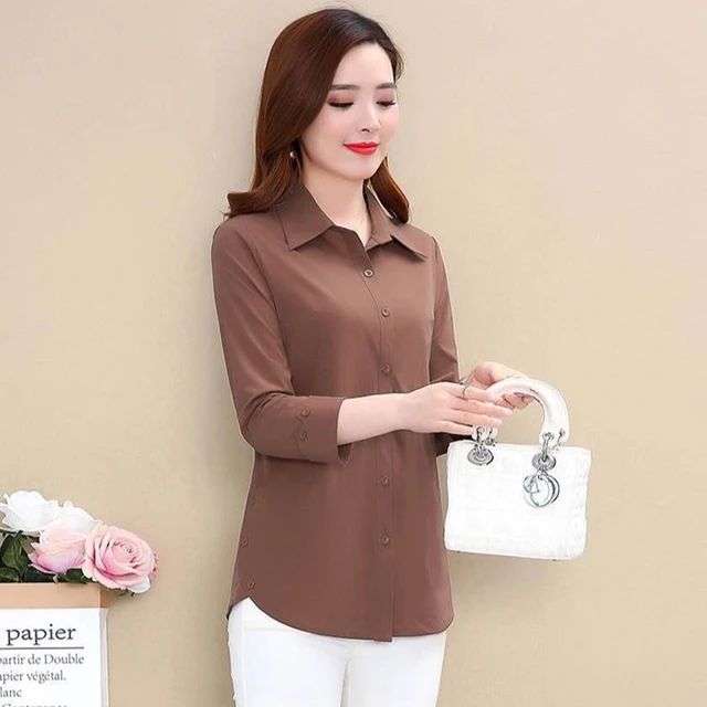 Chic Solid polo collar shirt women fashion elegant slim plus size 5XL long sleeve blouse female 2021 new Mom casual spring tops coffee