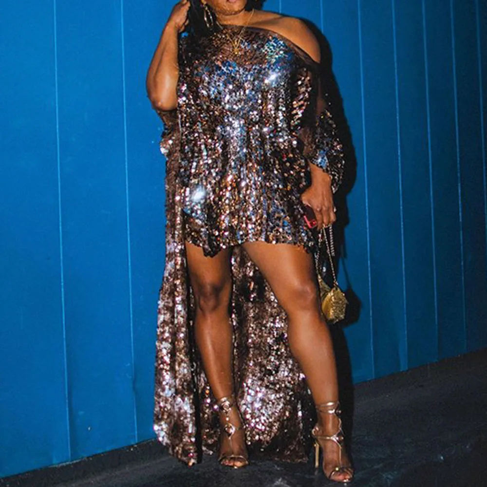 Сексуальное мини-платье женское Новое модное асимметричное блестящее платье на