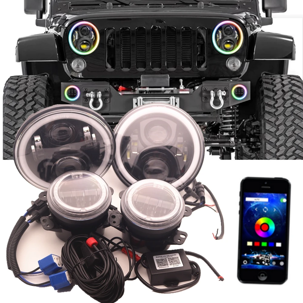 

Светодиодные гало RGB с управлением через приложение и Bluetooth, 7-дюймовые фары, 4 дюйма, противотуманные фары, комплект для Jeep Wrangler JK JKU 2007-2018