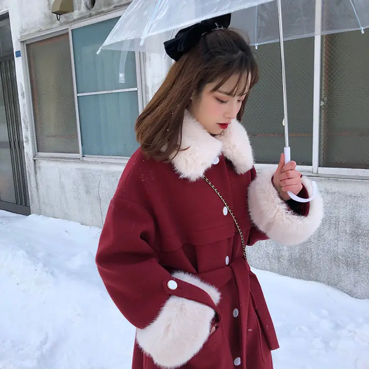 

Zhenzhen's 2019 new fur collar long red woolen coat female winter Hepburn style belted waist coat