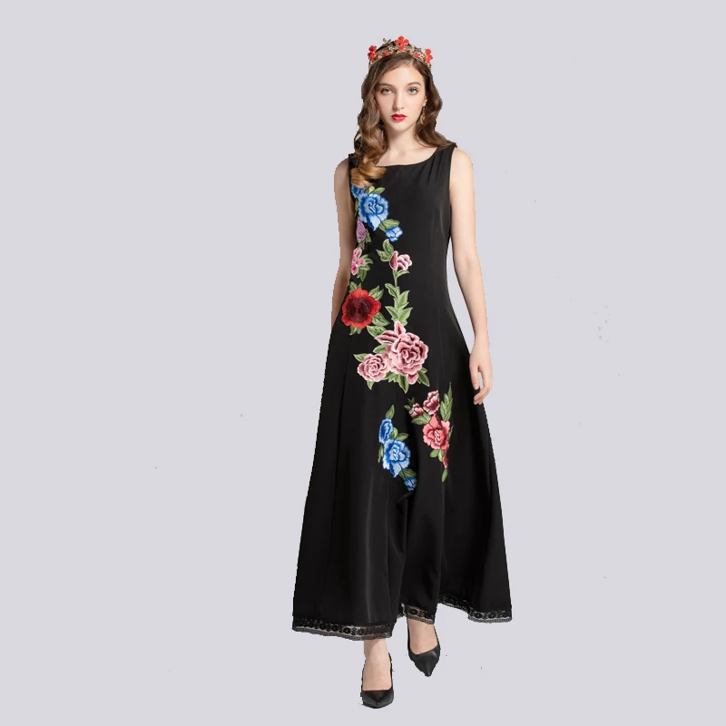 Модное шоу Moda Цветочные Vestidos de Festa Sem Mangas das Mulheres Do винтажные Flor Preto Bordado Vestido longo