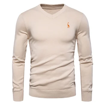 Image of 2019 Autumn Winter Brand Quality 100% Cotton Mens Sweaters V Neck Pullovers Men Solid Embroidery Sweater Men