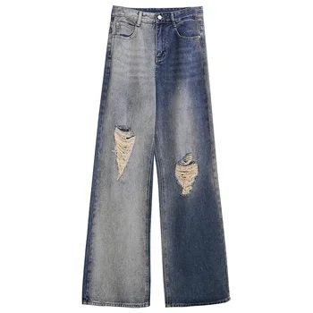 

LANMREM 2020 summer clothes wash water hole jeans street fashion light blue contrast colors full length jeans WM04705L