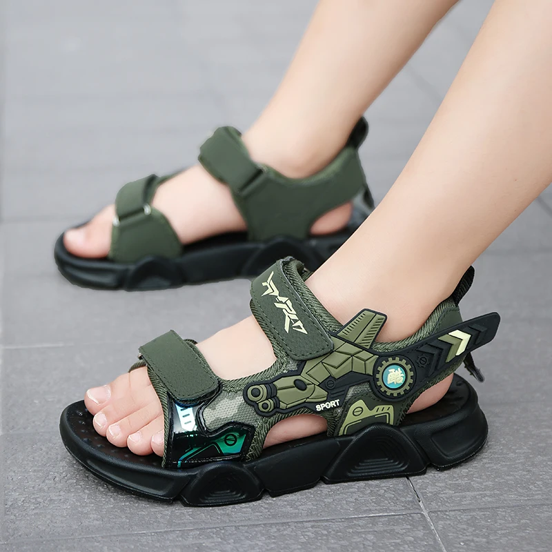 Summer New Kids Boys Sandals Fashion Leather Open Toe Beach Shoes Children Outdoor Sport Anti Slip Army Green Sandals for Boy bata children's sandals