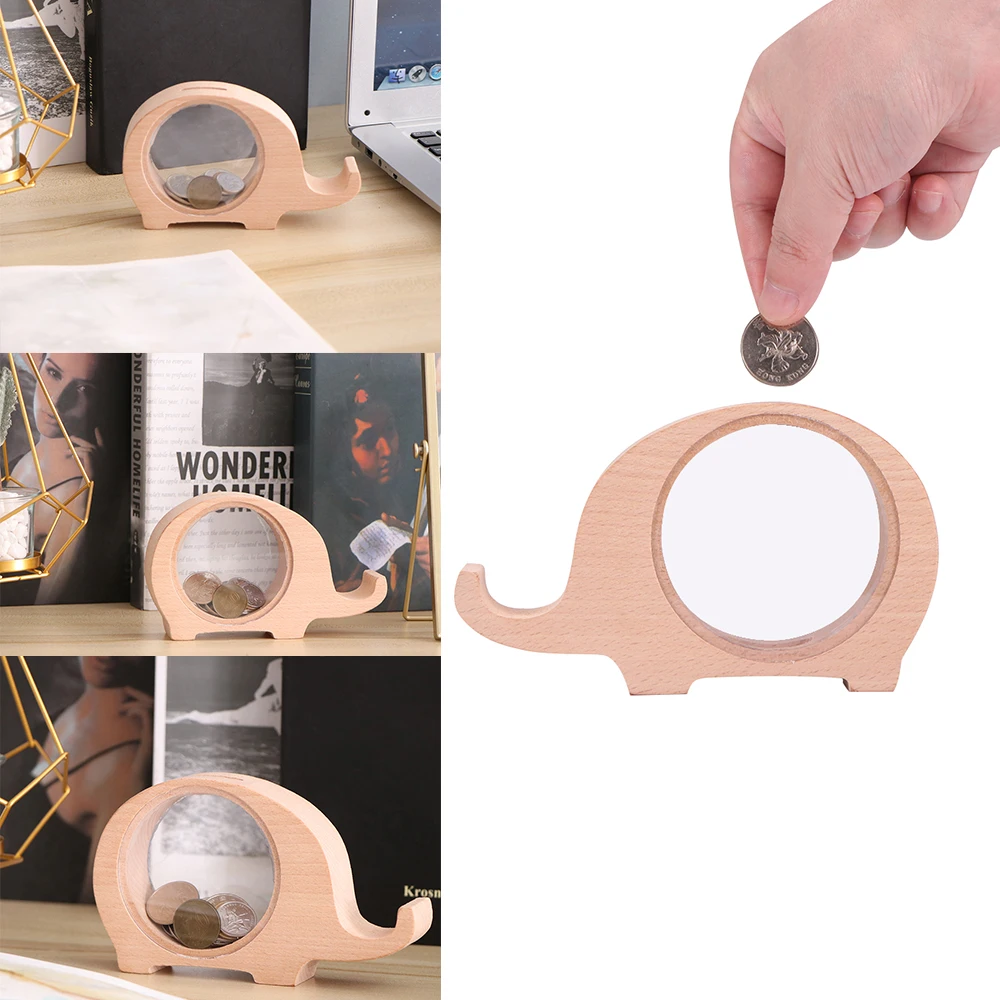 Elephant Piggy Bank Counter Coin Money Saving Box For EURO Money Jar Coins Wooden Storage Box