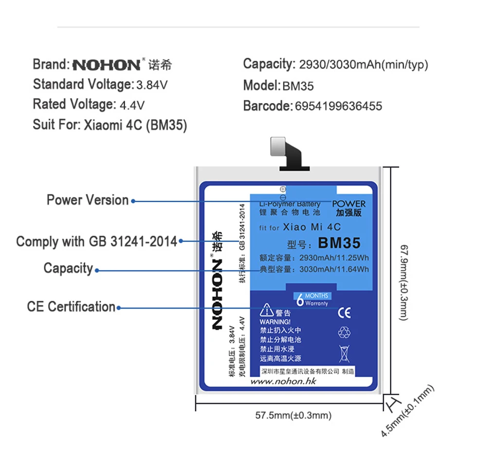 nohon аккумулятор BM10 BM20 BM31 BM32 BM35 для Xiaomi Mi 1 1S 2 2 S 3 4 4C запачасти замены lcd мобильного телефона Bateria высокое Ёмкость