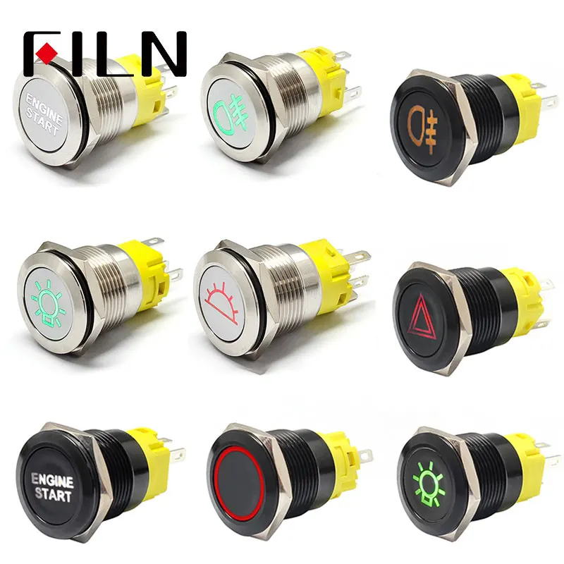 

FILN 19mm 12v LED stainless steel black metal push button switch dashboard warning symbol car racing switch