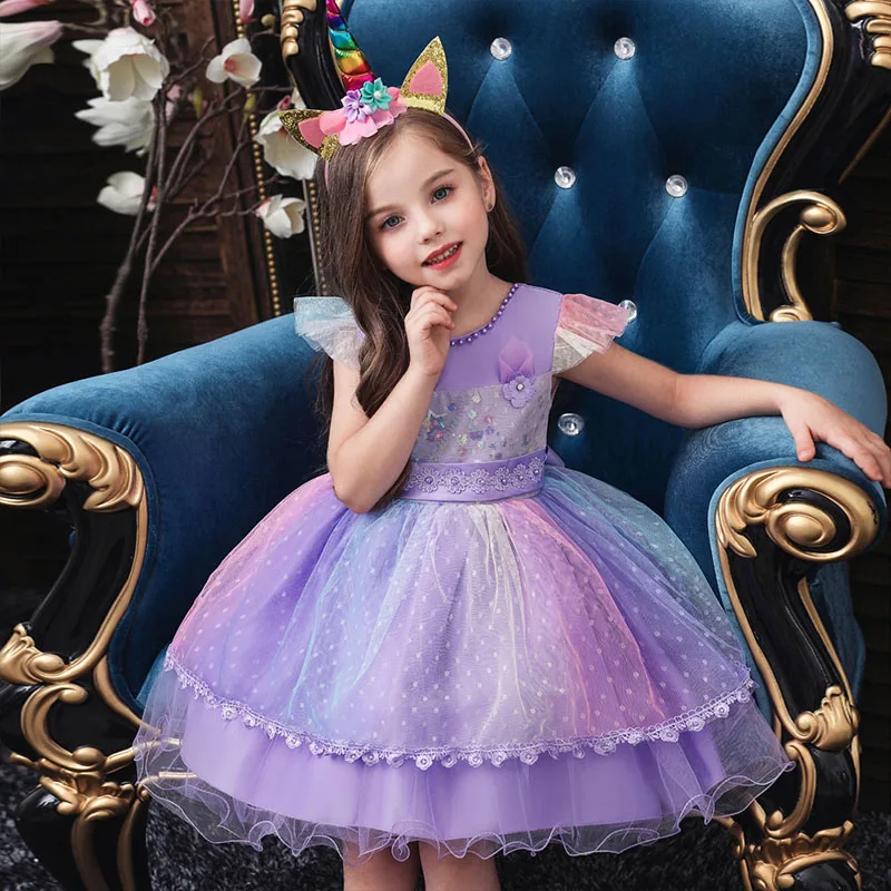 2020 Toddller Kids Unicorn Dresses for Baby Girls Dress Pink Rainbow Birthday Party Princess Dress Purple Costume Pageant Outfit (12)