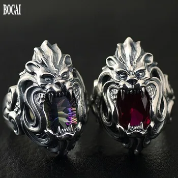 

s925 pure silver jewelry Thai silver lion head ring colorful stone personality trendy man domineering ring red zircon man rings