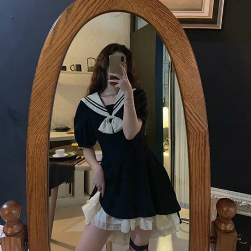 Short Sleeve Dress Women Sailor Collar Patchwork Leisure Womens Korean Style Defined Waist Loose Retro JK Mini Dresses Sexy Slim mother of the groom dresses