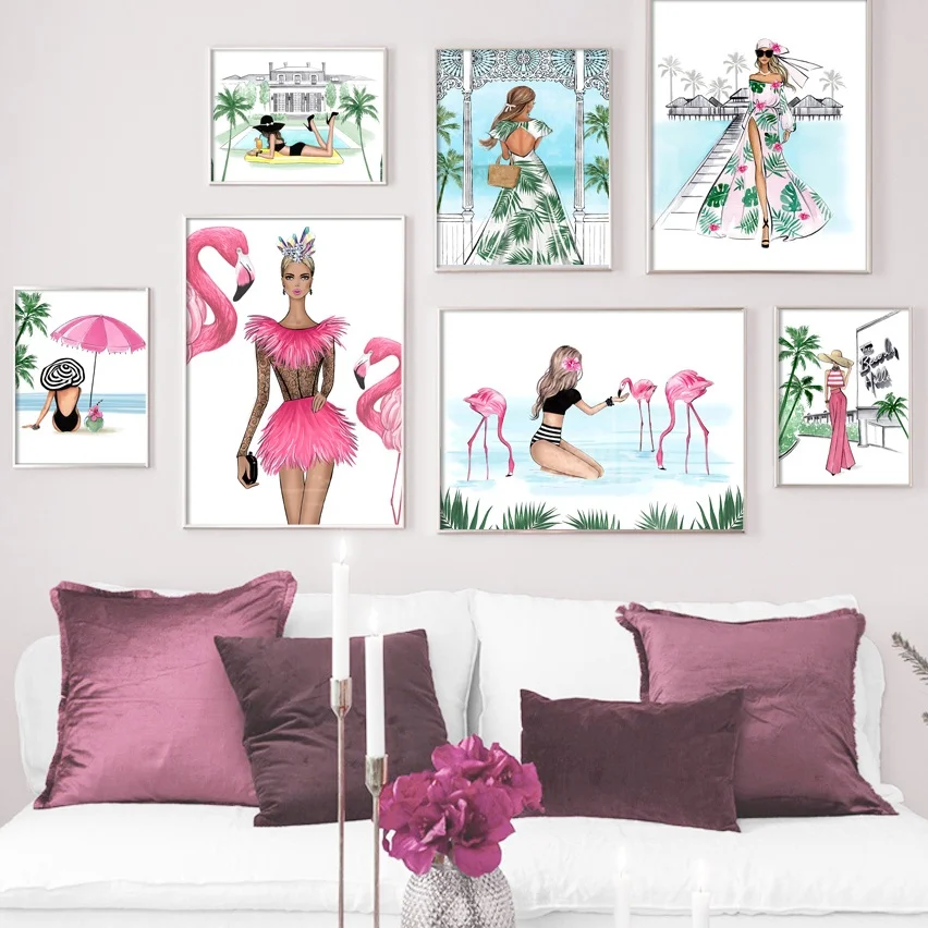 Мода девушка Фламинго тропический Настенная картина с ландшафтом холст живопись плакаты на скандинавскую тему и принты настенные картины для декора гостиной скандинавский стиль