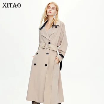 

XITAO Bandage Trench Women Double Breast Pocket Goddess Fan Casual Style Long 2020 Autumn Solid Color Loose Split Coat WJ1087