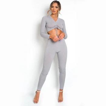 

Tracksuit Women Sexy V Neck Knitted Crop Tops+Trousers 2 Piece Set Women 2020 Autumn Winter Drawstring Tracksuit Women Sportwear