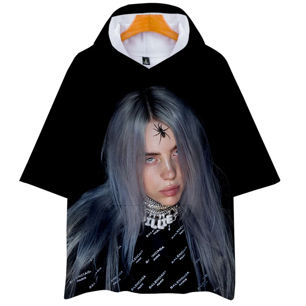 Billie Eilish футболка с капюшоном Женская/мужская летняя/Весенняя новая футболка Свободная крутая дышащая футболка с коротким рукавом с капюшоном модная футболка в стиле панк