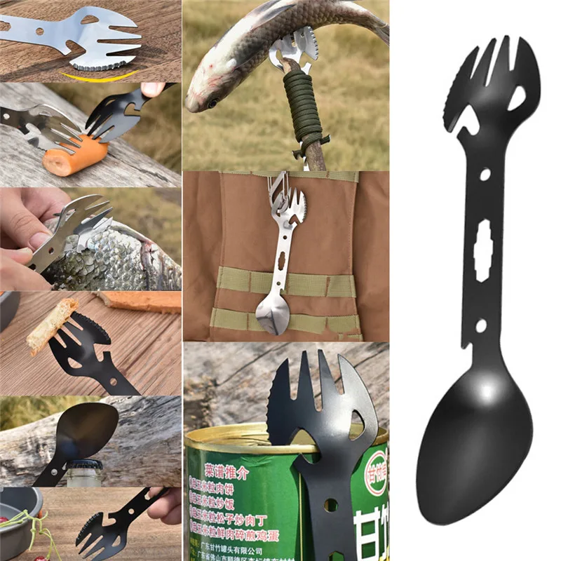 8 в 1 нержавеющая сталь Spork EDC инструмент открытый многофункциональный кемпинговая вилка ложка для пикника гаджет Ложка Вилка открывалка для бутылок