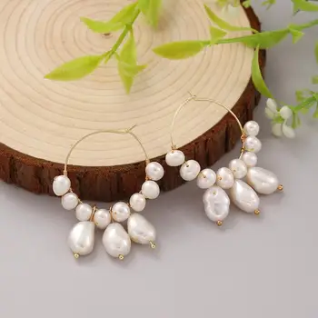 

Handmade Real Freshwater Pearl Earrings For Women 925 Sterling silver Hoop Earrings Baroque white pearl Fine Jewelry
