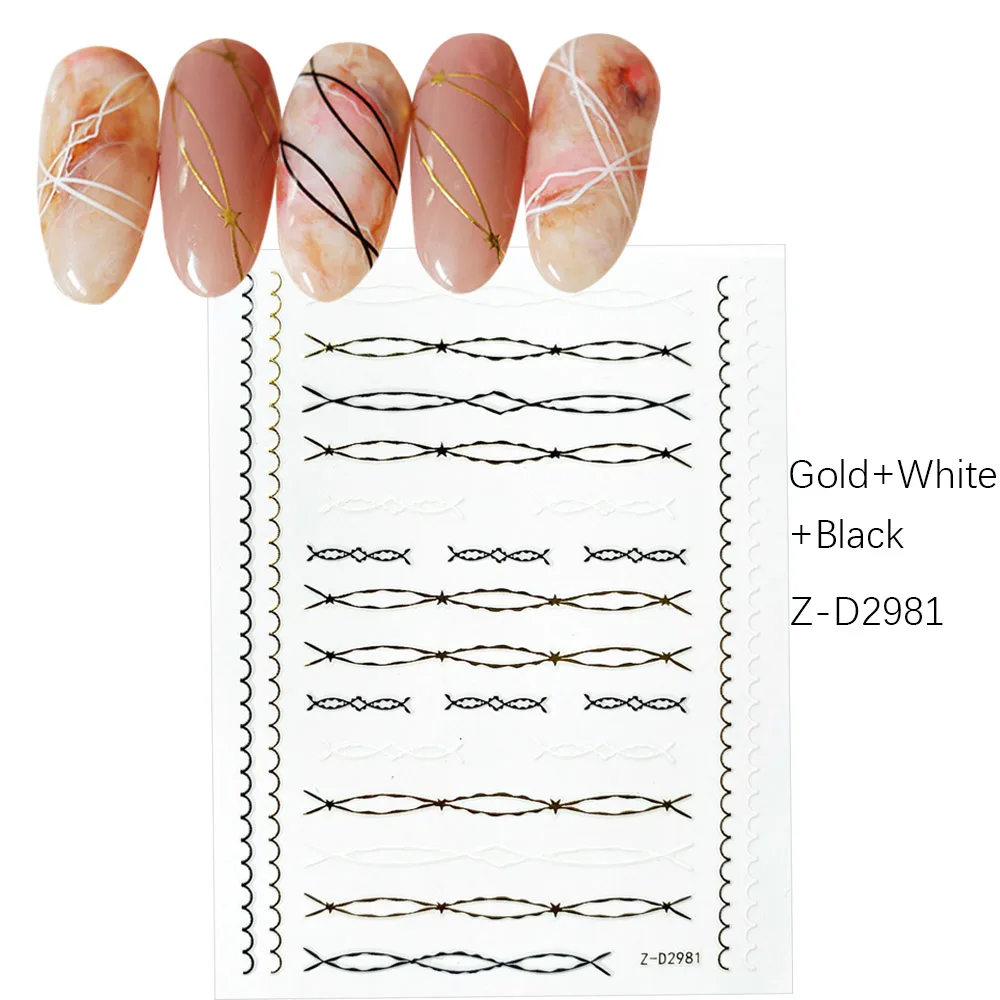 1pcs Gold+Black+White Sliders 3D Nail Stickers Straight Curved Liners Stripe Tape Wraps Geometric Nail Art Decorations new - Цвет: Z-D2981