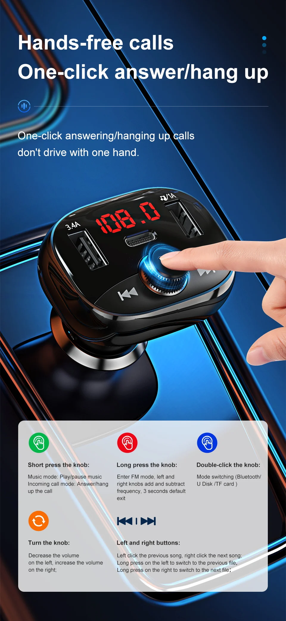 KUULAA 38W USB Type C Phone Charger For Car FM Transmitter Bluetooth Car Kit Audio MP3 TF Card Player Dual USB Car Phone Charger