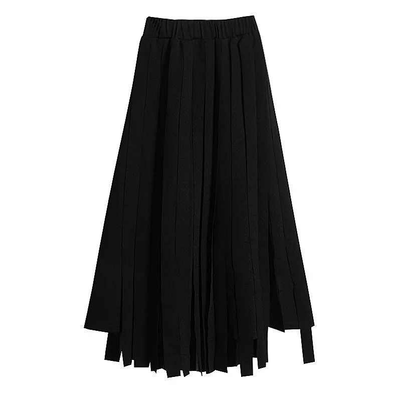 Black TVVOVVIN New Spring Summer High Elastic Waist Black Loose Tassel Spliced Half-body Skirt Women Fashion Tide All-match D153 - Цвет: Black