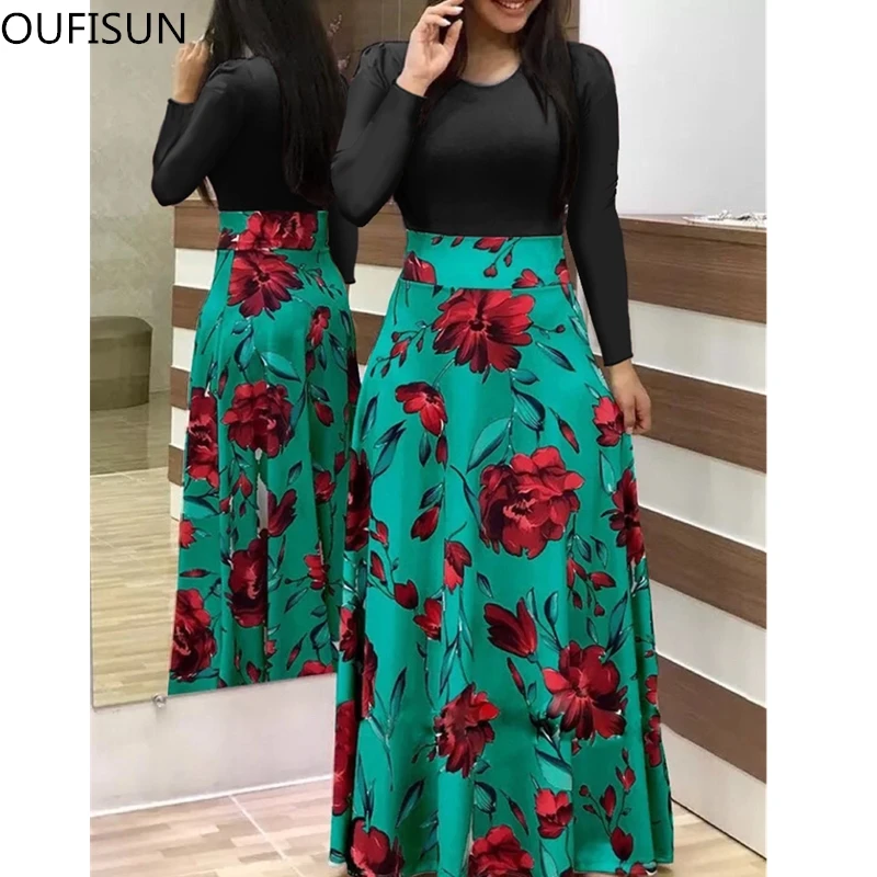 Элегантное платье с принтом в стиле пэчворк длинное 2020 осень зима Женская