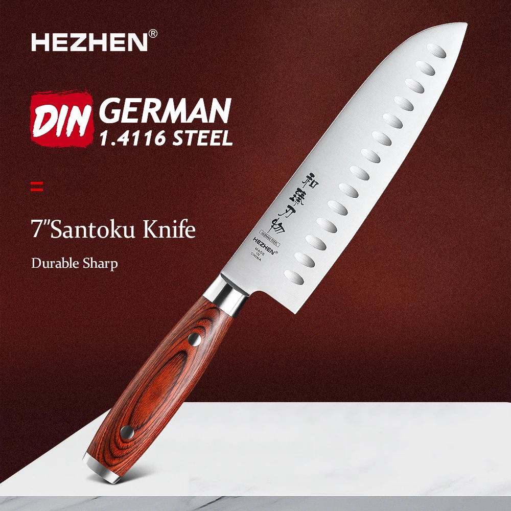 

HEZHEN 7 Inch Santoku Knife Stainless Steel Sivet German DIN1.4116 Steel For Meat Kitchen Cook Knife