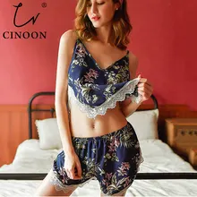 CINOON кружевная Сексуальная женская пижама с v-образным вырезом Женская летняя модная Пижама с изображением цветов комплект летнее модное женское ночное белье