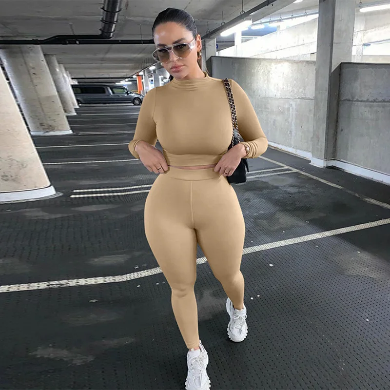 Two Piece Sets Women Solid Autumn Tracksuits High Waist Stretchy Sportswear Hot Crop Tops And Leggings Matching Outfits pink sweat suits Suits & Blazers