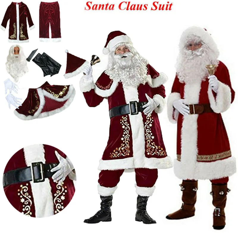 Man Santa Claus Suit Adult Christmas Cosplay Costume Red Deluxe Velvet Fancy 8pcs Set Xmas Party Family Costume Outfits cosplay costume santa claus costume