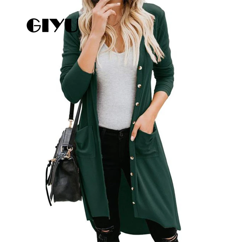 

GIYU Autumn Basic Sweater Solid Long Sleeve Knit Midi Cardigans with Pockets Single Breasted Jumpers Loose sueter mujer invierno