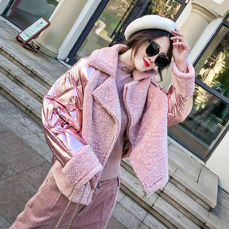 Женская зимняя пуховая хлопковая стеганая куртка глянцевый плюс размер новые свободные короткие розовые серебряные Лоскутные замшевые теплые парки MY133