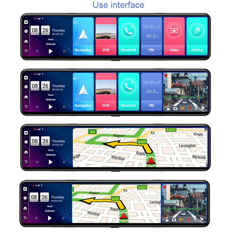 12" Car Rear View Mirror Video Recorder 2GB+32GB 4G ADAS GPS Navigation Android 8.1 DVR Dual Lens Recording Dash Camera Free Map