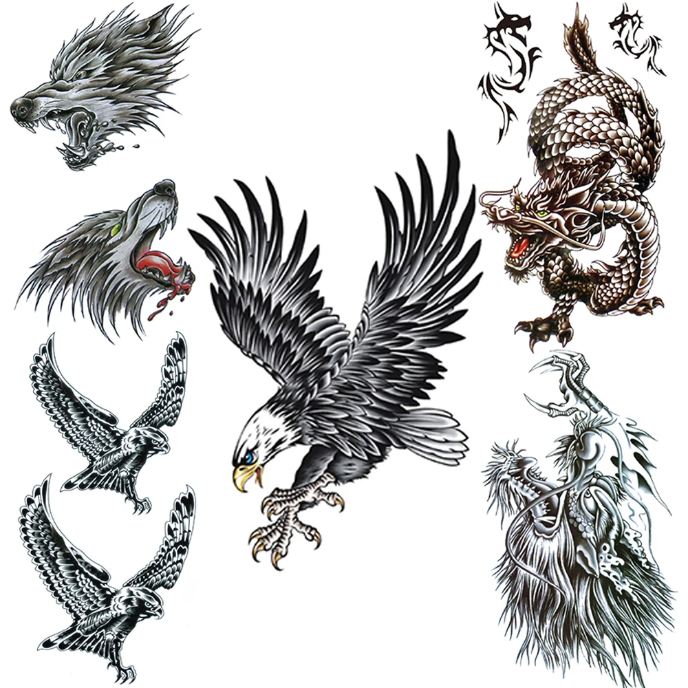 Black Eagle Fake Temporary Tattoo For Men Women Lion Wolf Tattoos Realistic  Dragons Body Art Arm Hands Faucet Waterproof Tatoos - Temporary Tattoos -  AliExpress