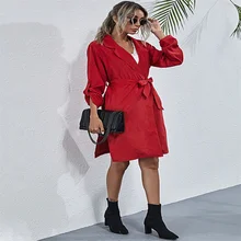 

7320# 2021 Autumn Winter Solid Color Waist Closing Lace Up Windbreaker Commuting Style Slim Fit Solid Color Evening Dresses