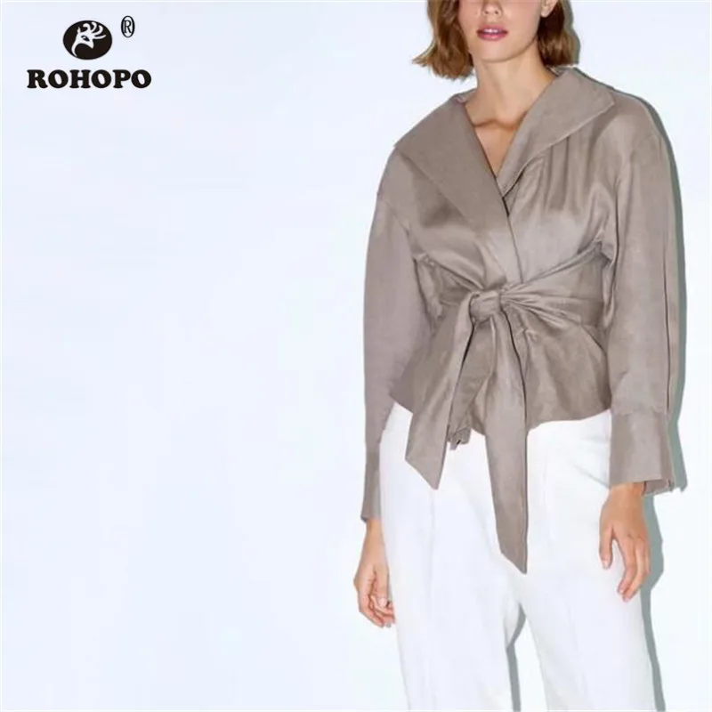 

ROHOPO Autumn Women Notched Collar Peplum Lace up Jacket Gray Linen Cotton Flared Hem Slim Office Lady Outwear #9249