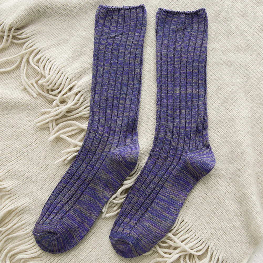 Эластичные осенние длинные вязаные повседневные студенческие ворсовые мягкие теплые женские носки до бедра из смеси хлопка на зиму - Цвет: Фиолетовый