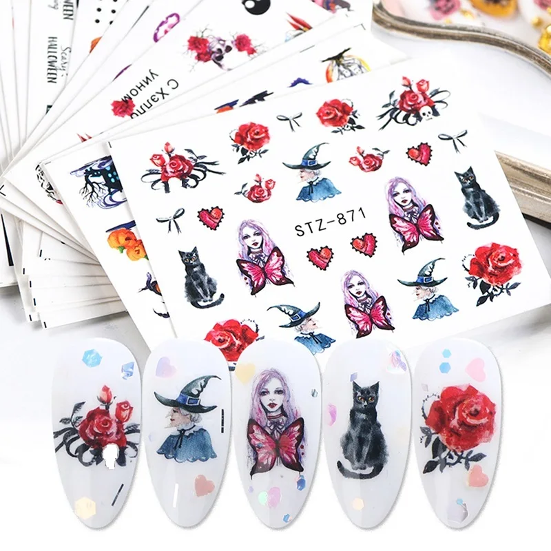 24 Pcs Halloween Bat Witch Nail Art Design Water Transfer Sliders Decals For Nail Sticker 3D Tips Decorations