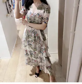 

2020 Spring and Summer New Sweet V-neck short sleeve floral Printed Waist multi-layer ruffles long chiffon Dress