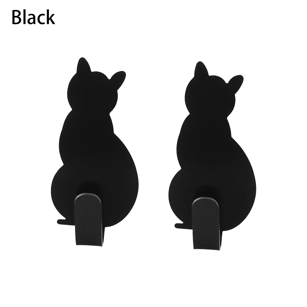 2PCS Cat Pattern Hooks Self Adhesive Cute Towel Rack Storage Holder Door Hanging Bathroom Kitchen Home Storage Tools Accessories - Цвет: black