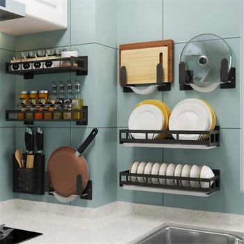 

Stainless Steel Organizer for Kitchen Pan Rack Wall Hanging Iron Kitchen Shelf Pot Lid Seasoning Tools Racks Kitchen Organizer