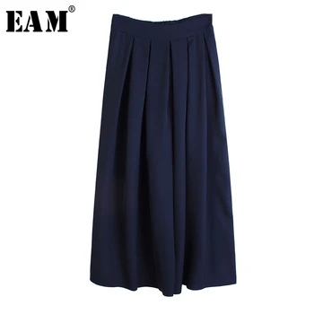 

[EAM] High Elastic Waist Blue Pleated Split Wide Leg Trousers New Loose Fit Pants Women Fashion Tide Spring Autumn 2020 1T688