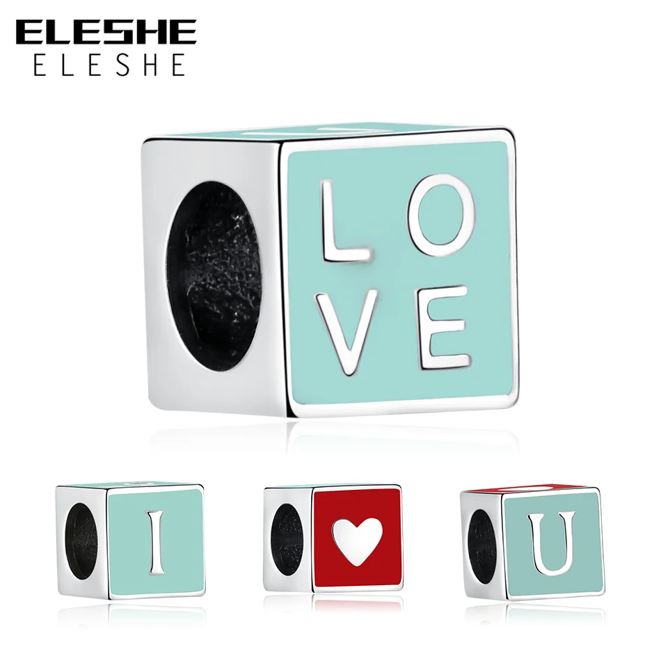 

ELESHE Authentic 925 Sterling Silver Charm Enamel Square Cube Dice I Love You Charms Fit Original Pandora Bracelet DIY Jewelry