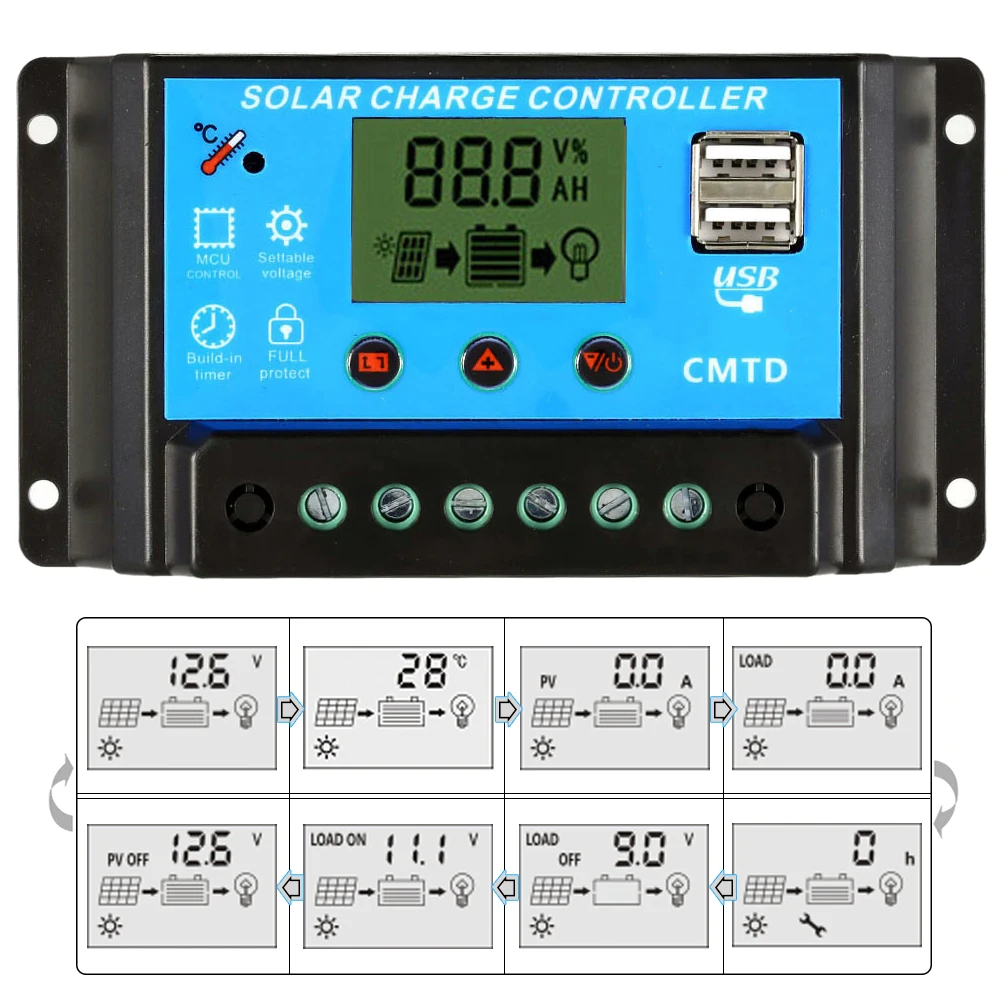 

Hot 10A / 20A 12.6V Solar Charge Controller LCD Dual USB PWM Controllers for Solar Panel Battery Lamp Overload Protection