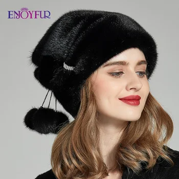 

ENJOYFUR Winter Mink Fur Women Hats Real Fur Pompom Female Fashion Cap New Luxurious Mink Fur Lady Beanies