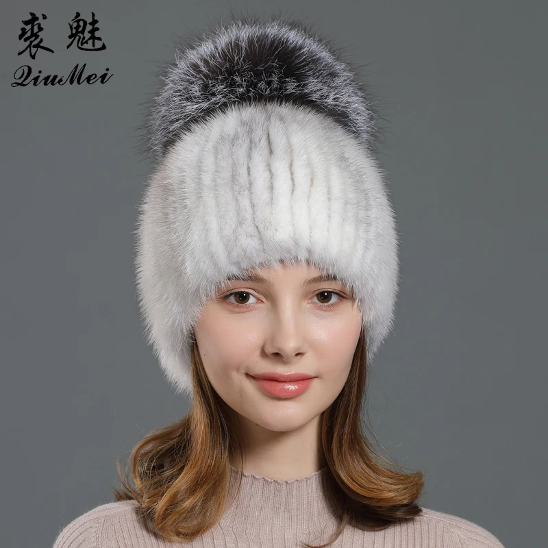 Elastic Knitting Hat Genuine Mink Fur BeaniesFemale Winter Warm With Big Real Fox Fur Pompom Hats Thicken Lining New