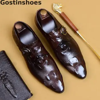 

Men Dress Shoes Black Brown Genuine Cow Leather Crocodile Printed Single Strap Monk Shoes Dress Leather Shoes Men Formal Shoes