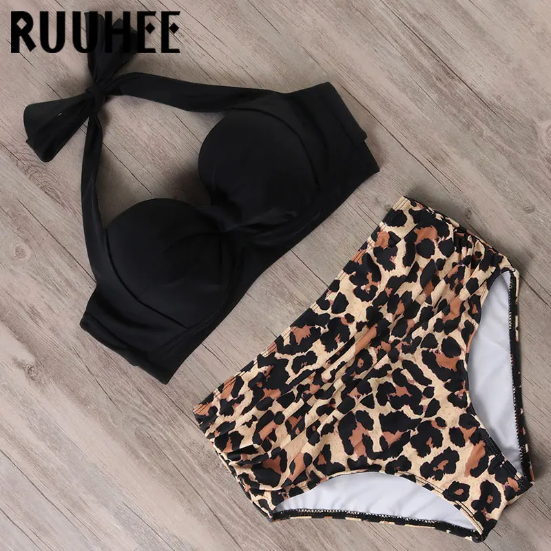 Preise RUUHEE Halter TOP Hohe Taille Bikini 2020 Frauen Bandage Bademode Push UP Badeanzug Leopard Schwimmen Set Maillot De Bain Femme neue
