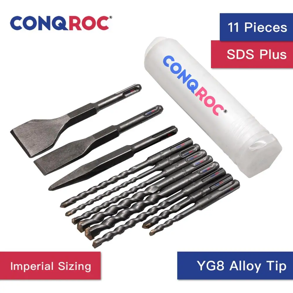 11 Pieces Imperial Sizing SDS Plus Drill Bits Set Carbide Tip Masonry Chisel Bits Kit for