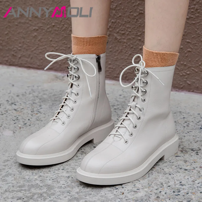 

ANNYMOLI Women Ankle Boots Shoes Real Leather Flat Platform Motorcycle Boot Zip Cross Ties Short Boots Female Autumn Winter 40