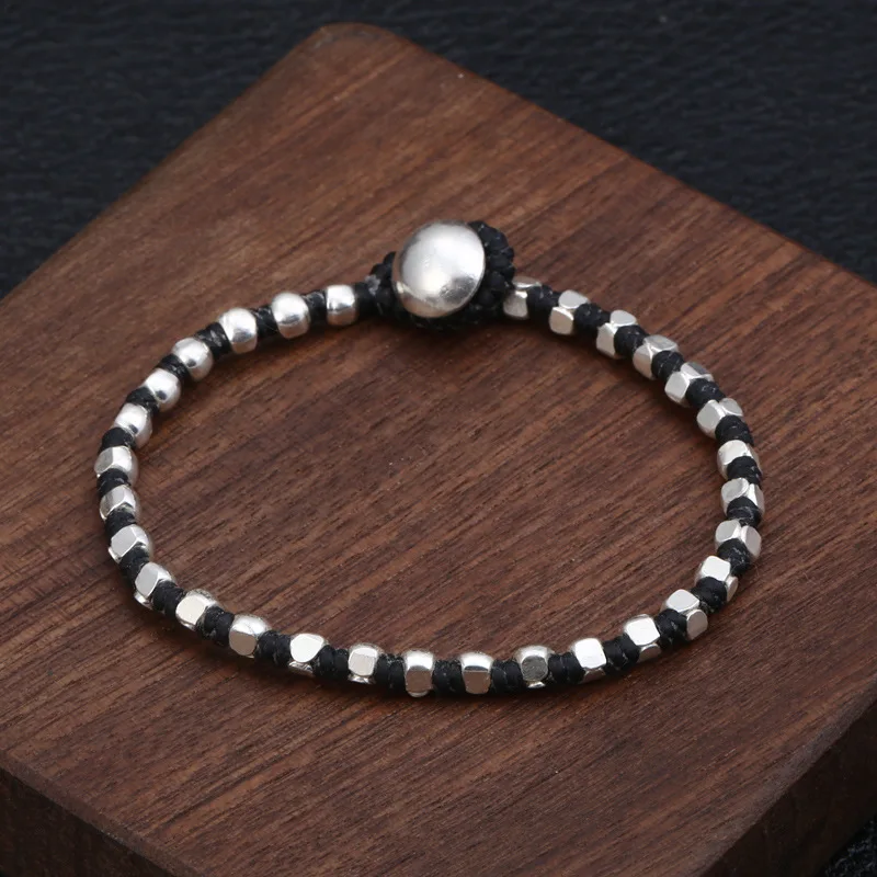 

925 Sterling Silver Jewelry Retro Handmade Irregular Silver Beads Woven Wax Rope Bracelet Fashion Woman Bracelet